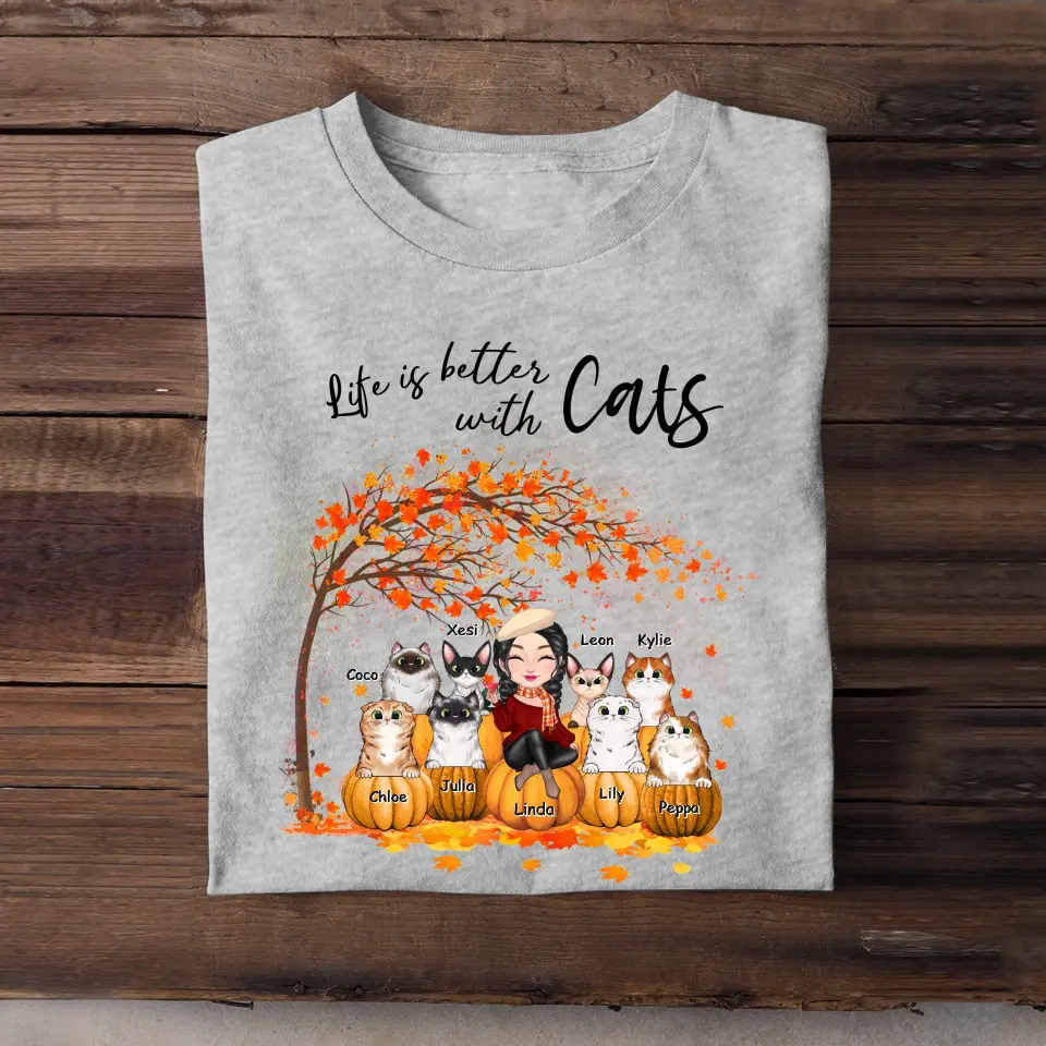 Personalized Life Is Better With Cats Fall Season Pumpkin T-shirt Printed MTPVD1007