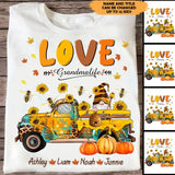 Personalized Love Grandmalife with Kid Names Fall Season Pumpkin Bees & Sunflowers Car T-shirt Printed HTHKVH1107