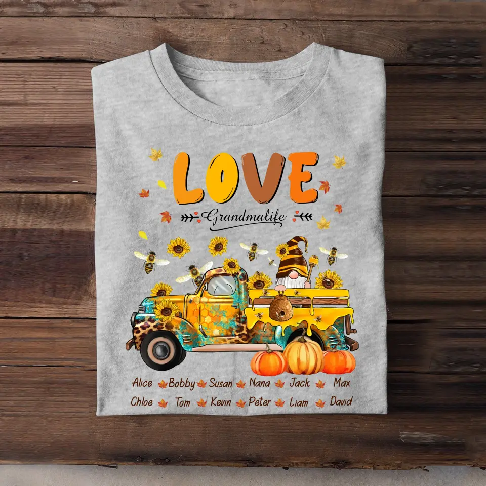 Personalized Love Grandmalife with Kid Names Fall Season Pumpkin Bees & Sunflowers Car T-shirt Printed HTHKVH1107