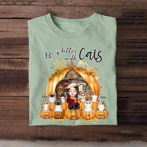 Personalized Fall Season Pumpkin Life Is Better with Cats T-shirt Printed MTPVD1107