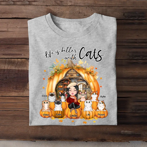 Personalized Fall Season Pumpkin Life Is Better with Cats T-shirt Printed MTPVD1107