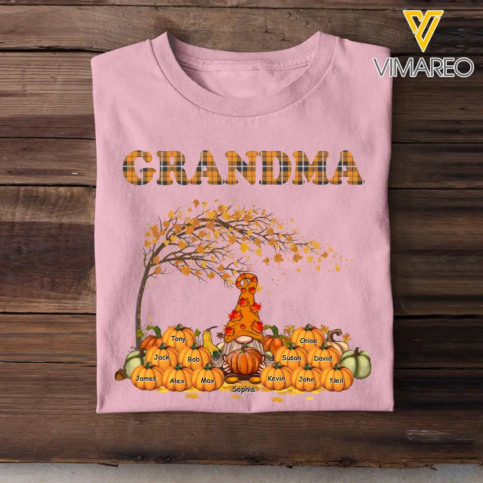 Personalized Fall Season Pumpkin Grandma Gnome & Kid Names T-Shirt Printed QTPVD1107