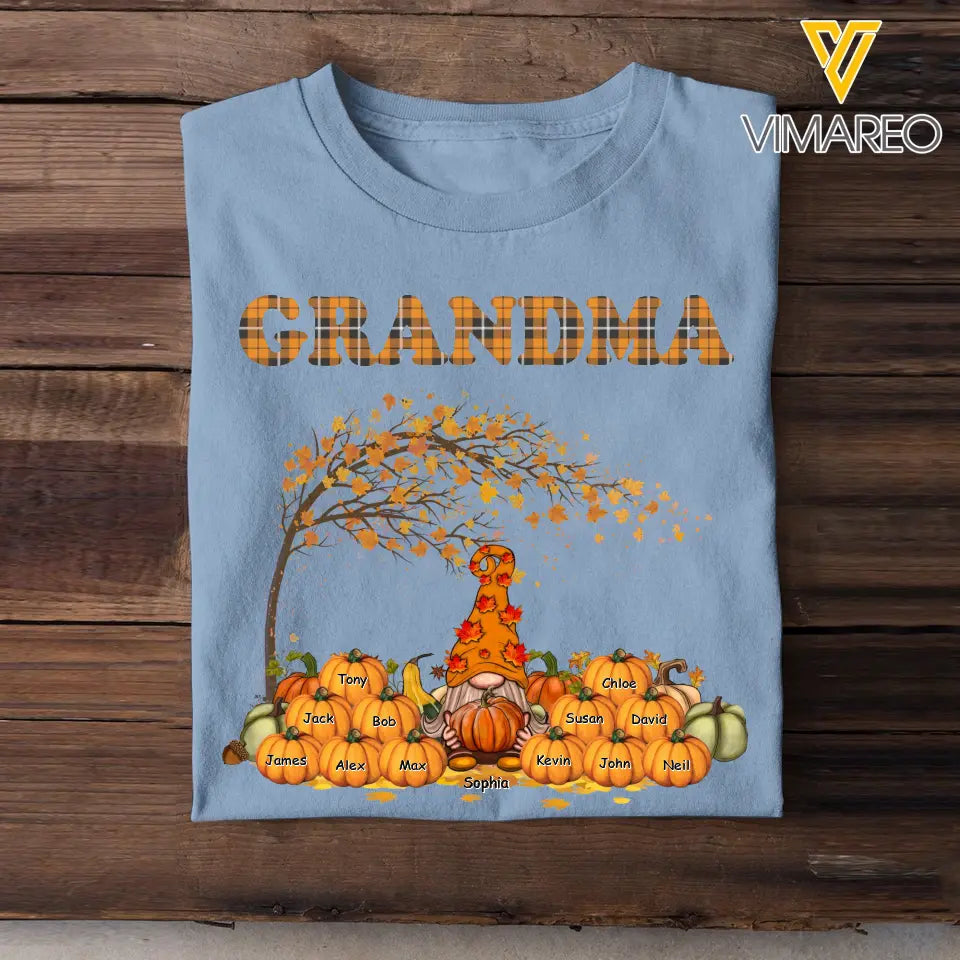 Personalized Fall Season Pumpkin Grandma Gnome & Kid Names T-Shirt Printed QTPVD1107