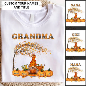 Personalized Fall Season Pumpkin Grandma Gnome & Kid Names T-Shirt Printed QTPVD1107