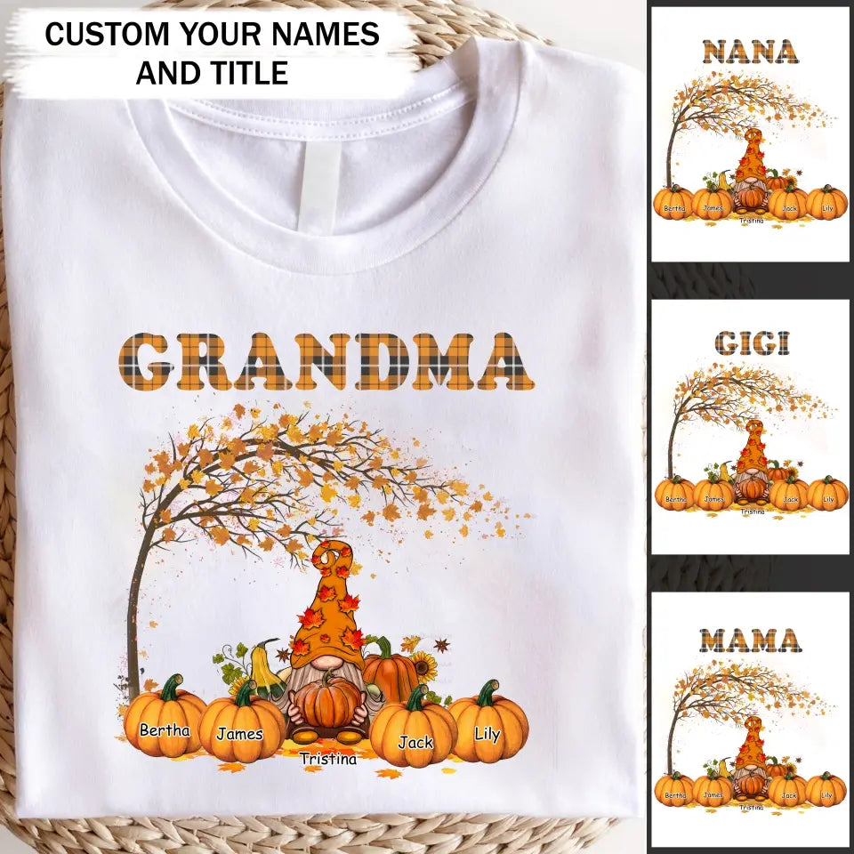 Personalized Fall Season Pumpkin Grandma Gnome & Kid Names T-Shirt Printed QTPVD1107