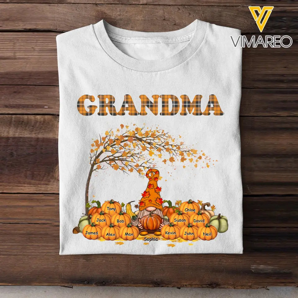 Personalized Fall Season Pumpkin Grandma Gnome & Kid Names T-Shirt Printed QTPVD1107