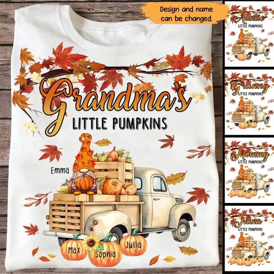 Personalized Fall Season Grandma Little Pumpkins Gnome & Kid Names T-shirt Printed HTHHN1107