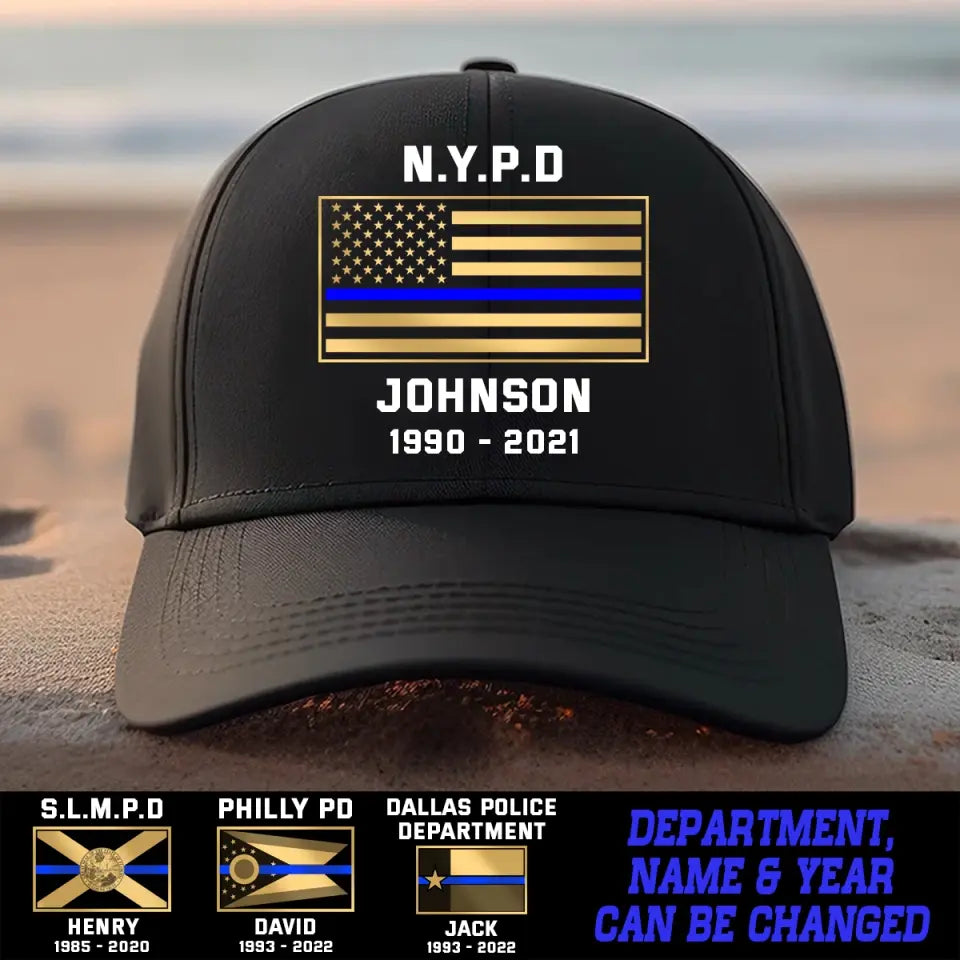 Personalized US Flag Law Enforcement Thin Blue Line Department Cap Printed 23JUL-PN12