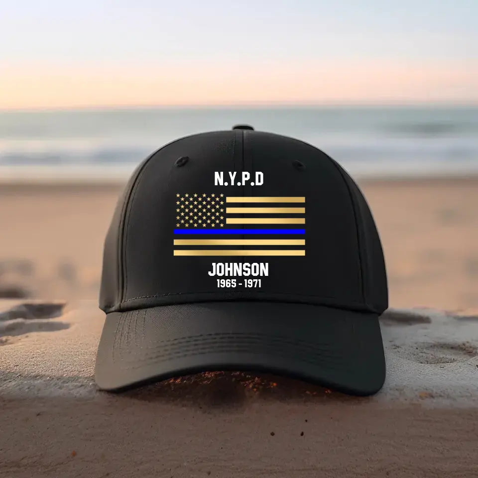 Personalized US Flag Law Enforcement Thin Blue Line Department Cap Printed 23JUL-PN12