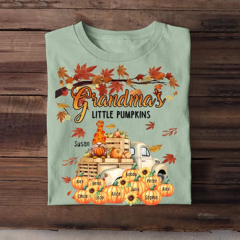 Personalized Fall Season Grandma Little Pumpkins Gnome & Kid Names T-shirt Printed HTHHN1107