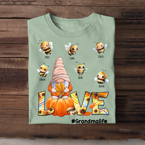 Personalized Fall Season Pumpkin Love Gnome Grandma with Bees Kid Names T-Shirt Printed MTHN1207