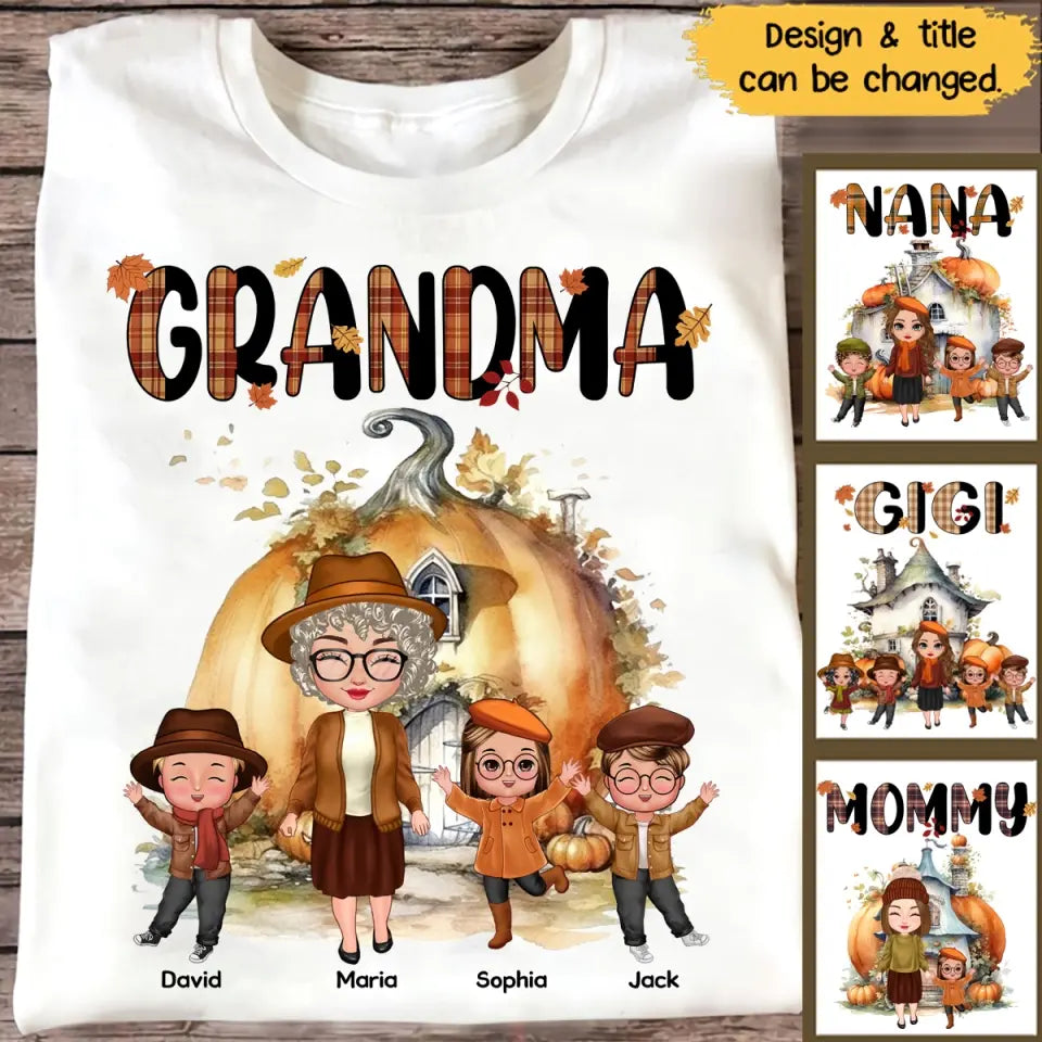 Personalized Fall Season Pumpkin House Grandma & Kid Names T-shirt Printed MTHPN1207