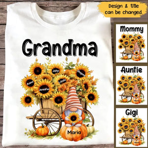 Personalized Fall Season Pumpkin Gnome Sunflowers Grandma with Kid Names T-Shirt Printed MTPN1307