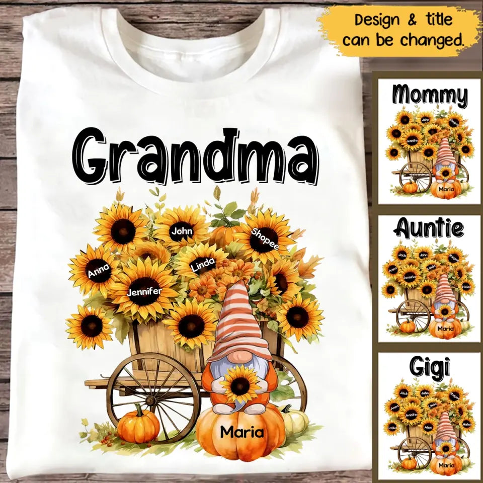 Personalized Fall Season Pumpkin Gnome Sunflowers Grandma with Kid Names T-Shirt Printed MTPN1307