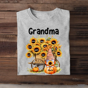 Personalized Fall Season Pumpkin Gnome Sunflowers Grandma with Kid Names T-Shirt Printed MTPN1307