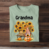 Personalized Fall Season Pumpkin Gnome Sunflowers Grandma with Kid Names T-Shirt Printed MTPN1307