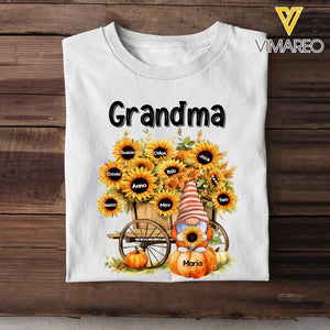 Personalized Fall Season Pumpkin Gnome Sunflowers Grandma with Kid Names T-Shirt Printed MTPN1307