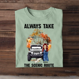 Personalized Always Take The Scenic Route Jeep Girl T-Shirt Printed MTPN1307