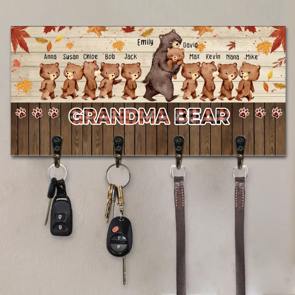 Personalized Fall Season Grandma Bear Kid Names Key Holder Printed PNHN1207