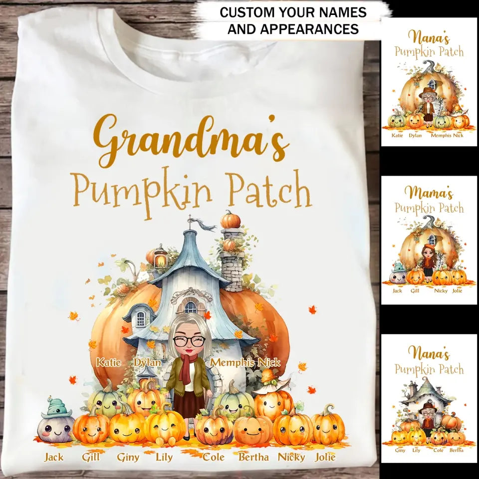 Personalized Fall Season Pumpkin Patch Grandma & Kid Name T-Shirt Printed MTHPVD1307