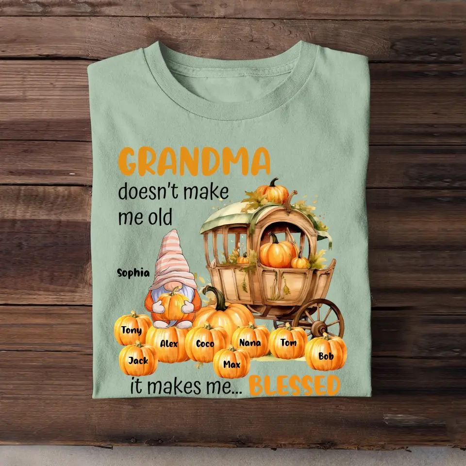 Personalized Grandma Doesn't Make Me Old It Makes Me Blessed Fall Season Pumpkins Gnome & Kid Names T-Shirt Printed MTPVD1407