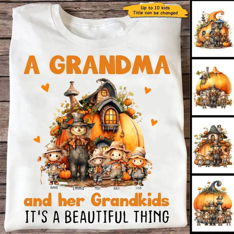 Personalized Fall Season Pumpkin A Grandma And Her Grandkids It's A Beautiful Thing Kid Names T-Shirt Printed MTHN1707