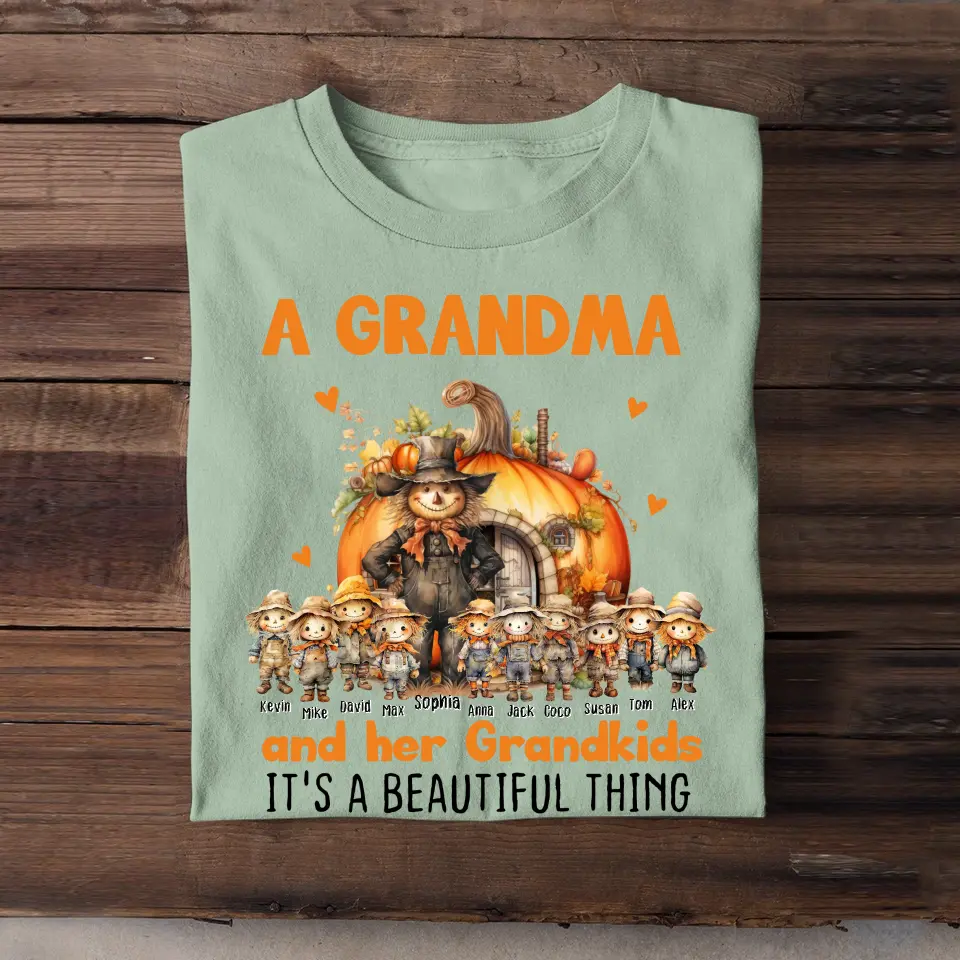 Personalized Fall Season Pumpkin A Grandma And Her Grandkids It's A Beautiful Thing Kid Names T-Shirt Printed MTHN1707