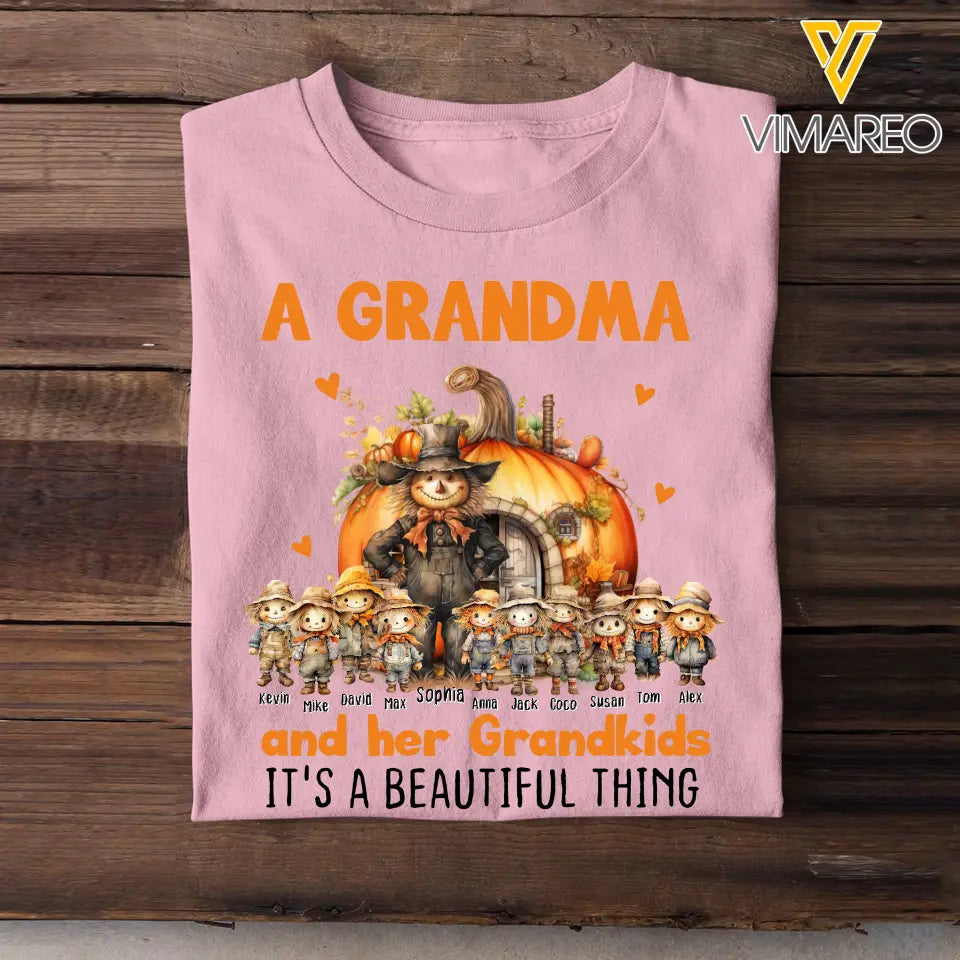 Personalized Fall Season Pumpkin A Grandma And Her Grandkids It's A Beautiful Thing Kid Names T-Shirt Printed MTHN1707