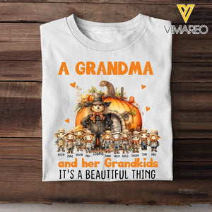 Personalized Fall Season Pumpkin A Grandma And Her Grandkids It's A Beautiful Thing Kid Names T-Shirt Printed MTHN1707