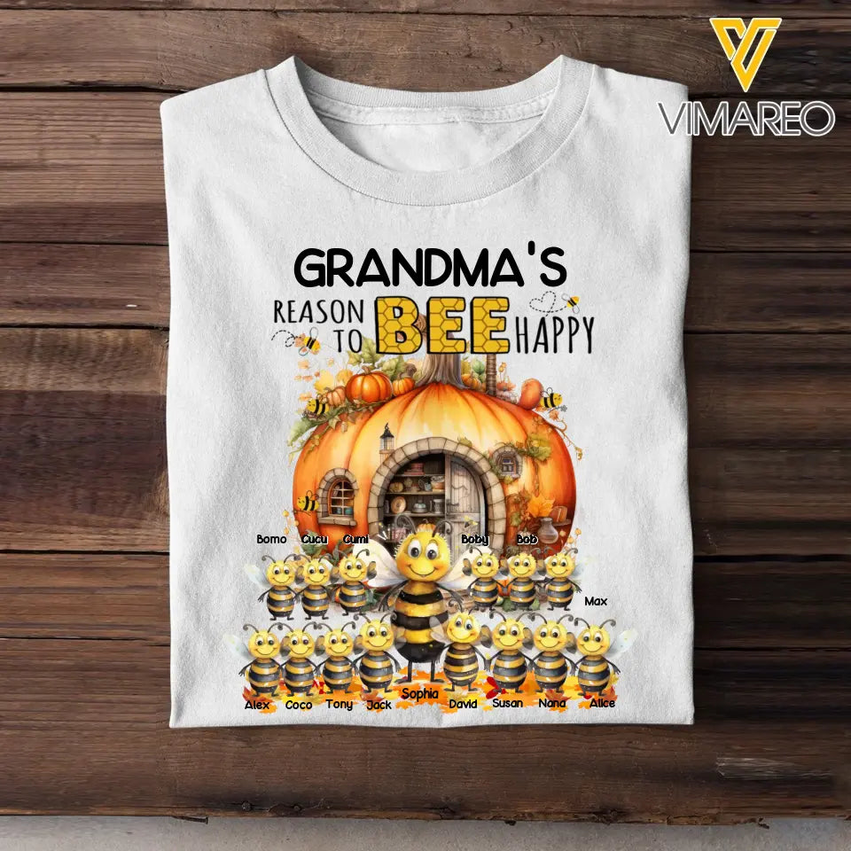 Personalized Fall Season Pumpkin Grandma's Reason To Bee Happy Bees & Kid Names T-Shirt Printed 23JUL-KVH17