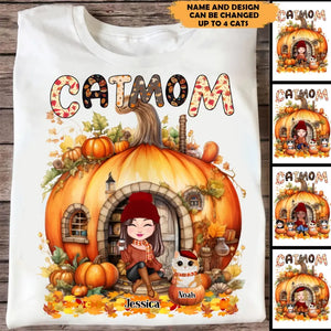 Personalized Fall Season Pumpkin Cat Mom Cat Lovers Gift T-Shirt Printed HTHKVH1807