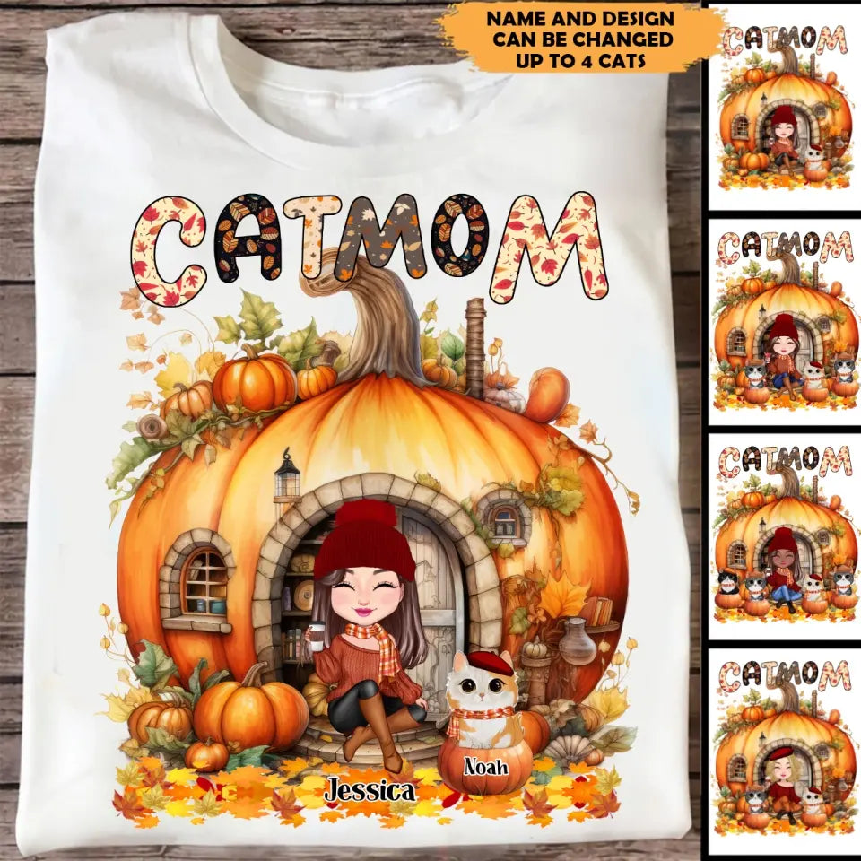 Personalized Fall Season Pumpkin Cat Mom Cat Lovers Gift T-Shirt Printed HTHKVH1807