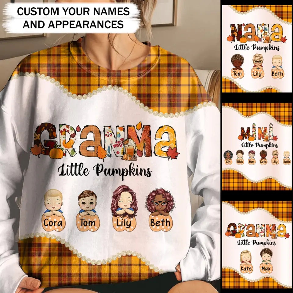 Personalized Fall Seson Grandma Little Pumpkins & Kid Names Sweater 3D Printed HTHPVD1807