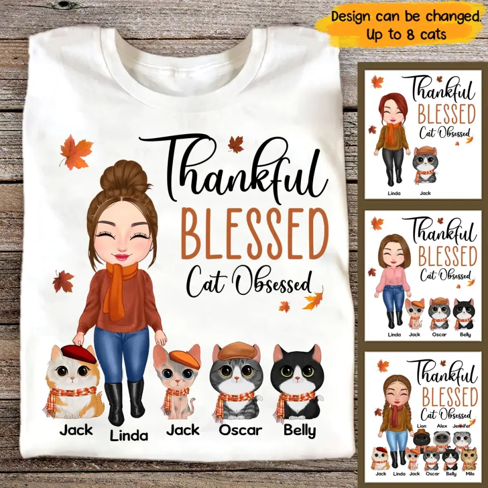 Personalized Thankful Blessed Cat Obsessed Grandma with Cat Names T-shirt Printed MTHPN1707