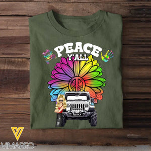 Personalized Peace Y'all Flowers Jeep Girl T-shirt Printed MTHN2407