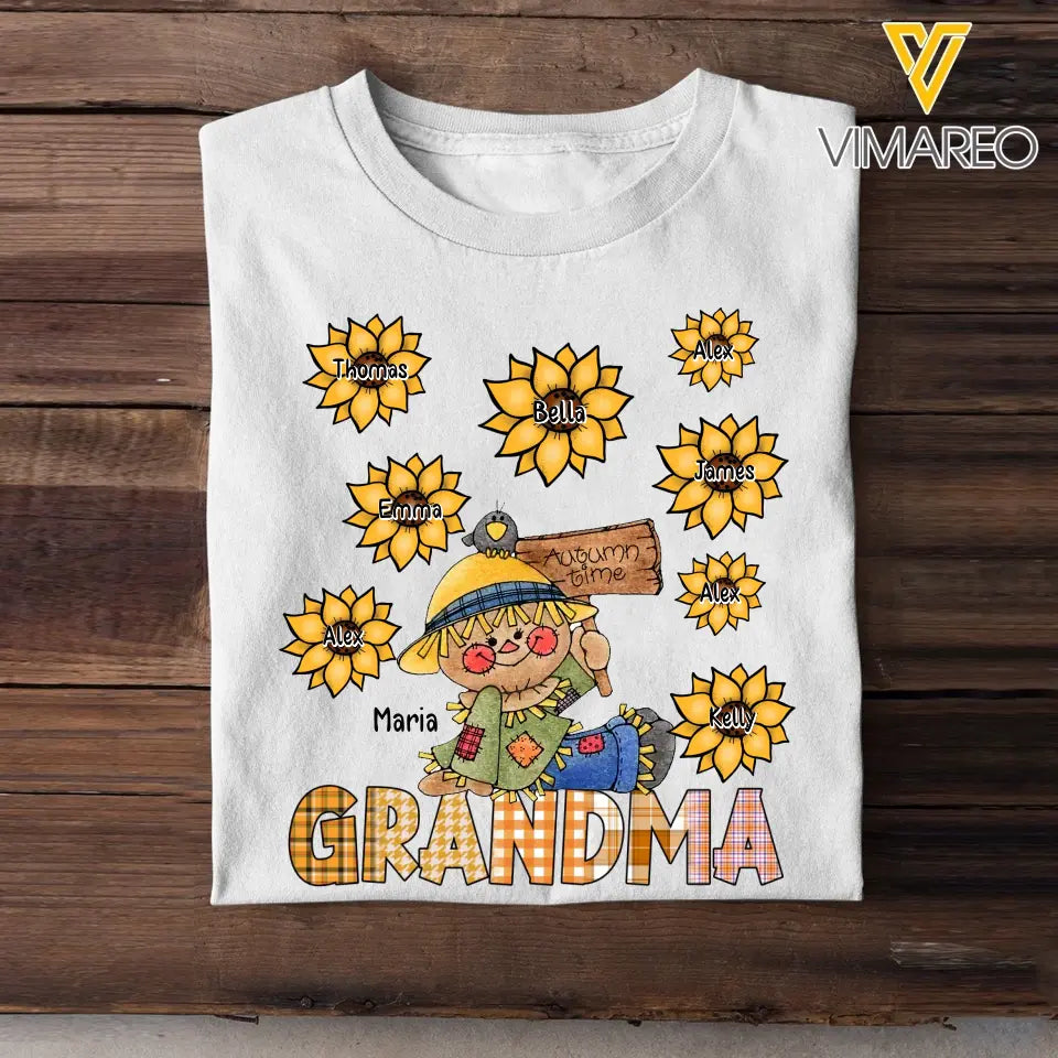 Personalized  Scarecrow Grandma Sunflowers with Kid Names T-shirt Printed HTHHN1807