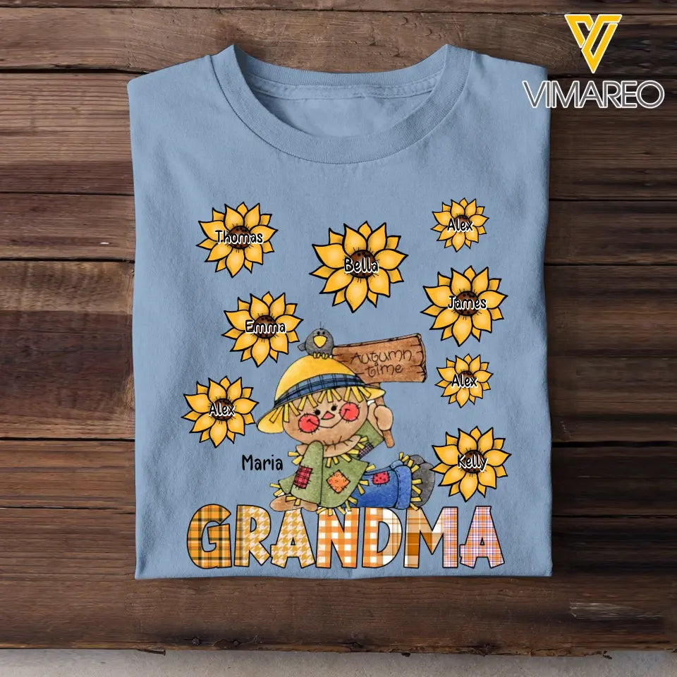 Personalized  Scarecrow Grandma Sunflowers with Kid Names T-shirt Printed HTHHN1807