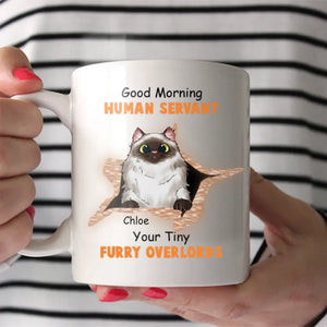 Personalized Good Morning Human Servant Your Tiny Furry Overlords Cat Lovers Gift White Mug Printed QTVD257