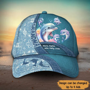 Personalized Grandma Dolphin & Kid Names Cap Printed MTPN202310