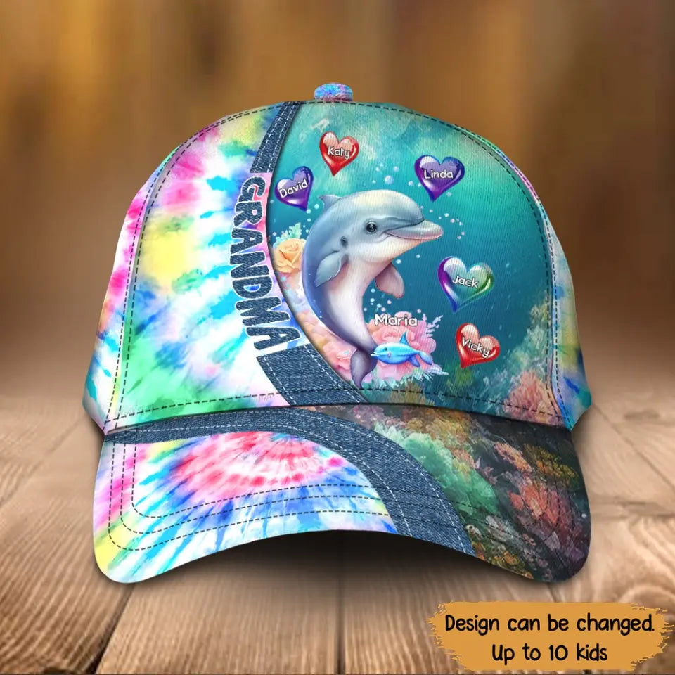 Personalized Dolphin Grandma Hearts & Kid Names Cap Printed MTPN202316