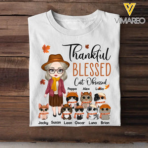 Personalized Thankful Blessed Cat Obsessed Grandma with Cat Names T-shirt Printed MTHPN1707