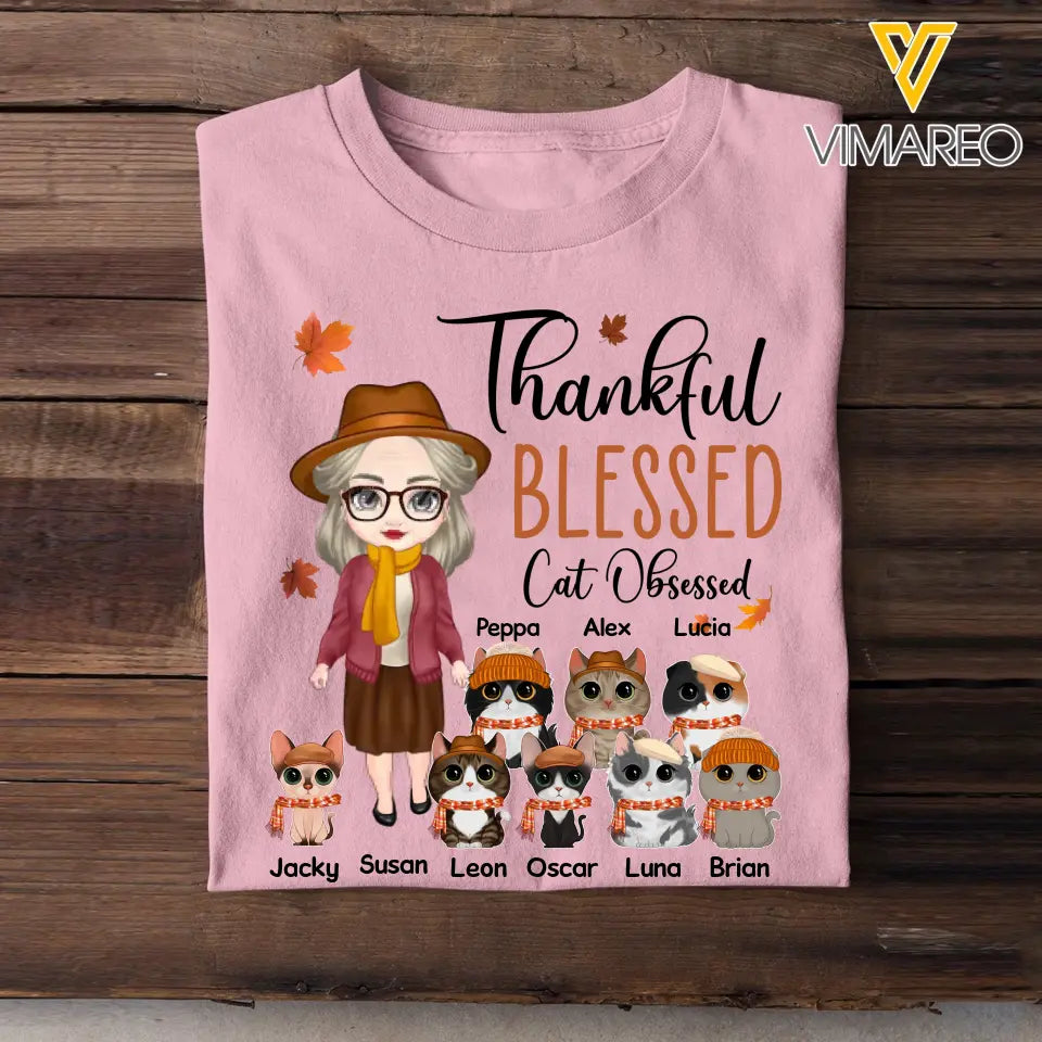 Personalized Thankful Blessed Cat Obsessed Grandma with Cat Names T-shirt Printed MTHPN1707