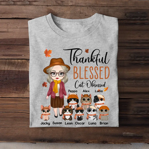 Personalized Thankful Blessed Cat Obsessed Grandma with Cat Names T-shirt Printed MTHPN1707