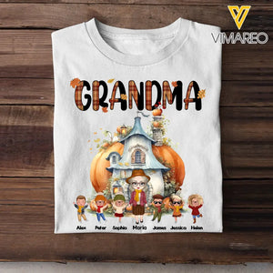 Personalized Fall Season Pumpkin House Grandma & Kid Names T-shirt Printed MTHPN1207