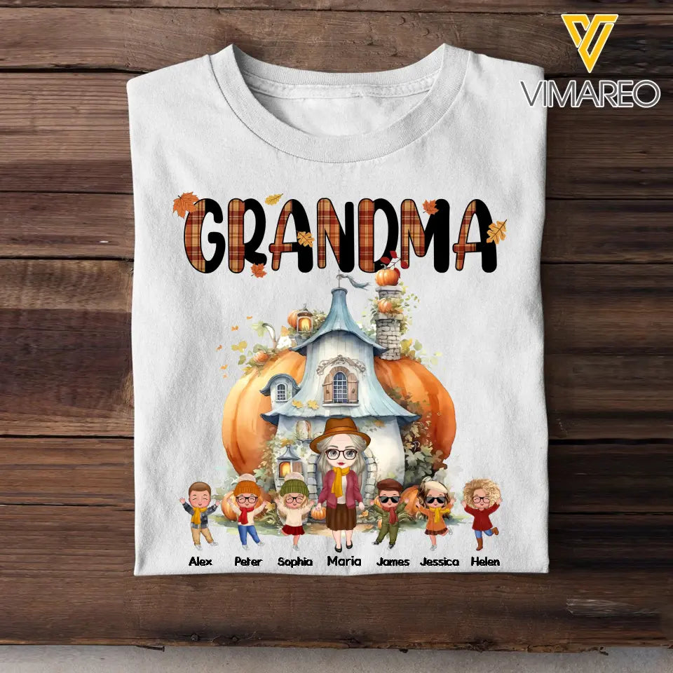 Personalized Fall Season Pumpkin House Grandma & Kid Names T-shirt Printed MTHPN1207