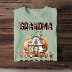 Personalized Fall Season Pumpkin House Grandma & Kid Names T-shirt Printed MTHPN1207