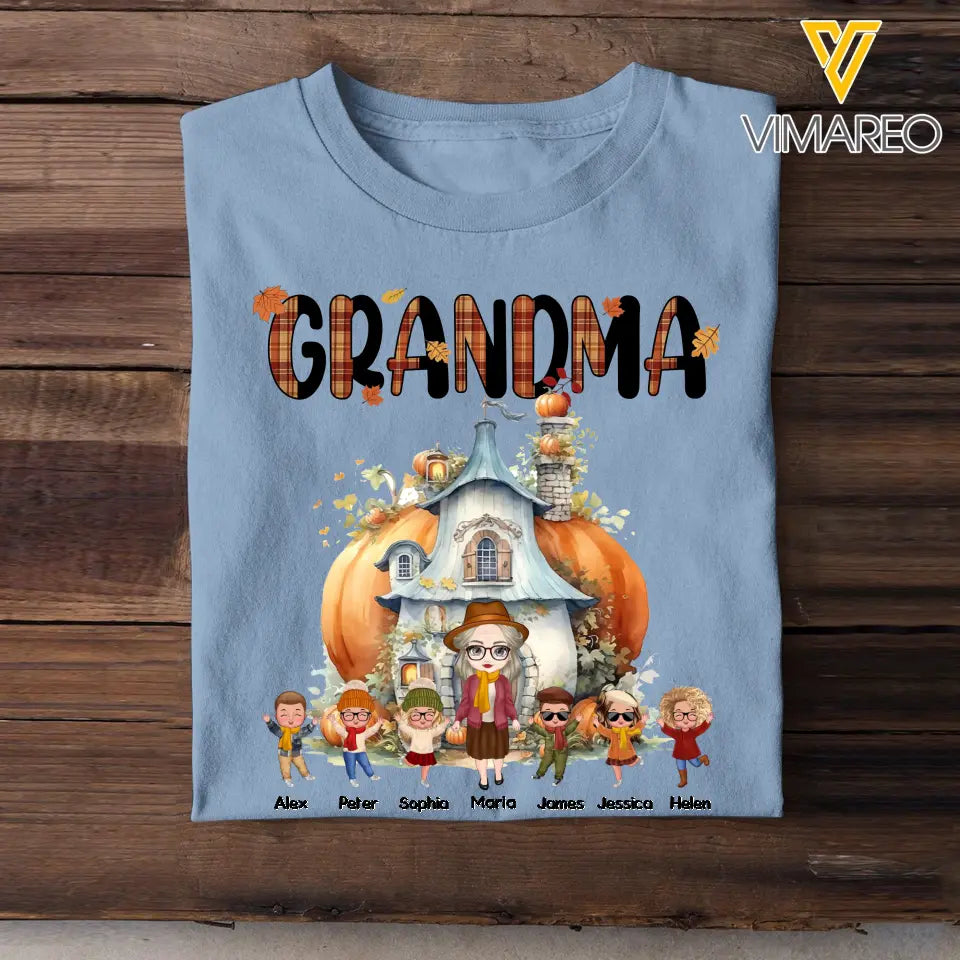 Personalized Fall Season Pumpkin House Grandma & Kid Names T-shirt Printed MTHPN1207