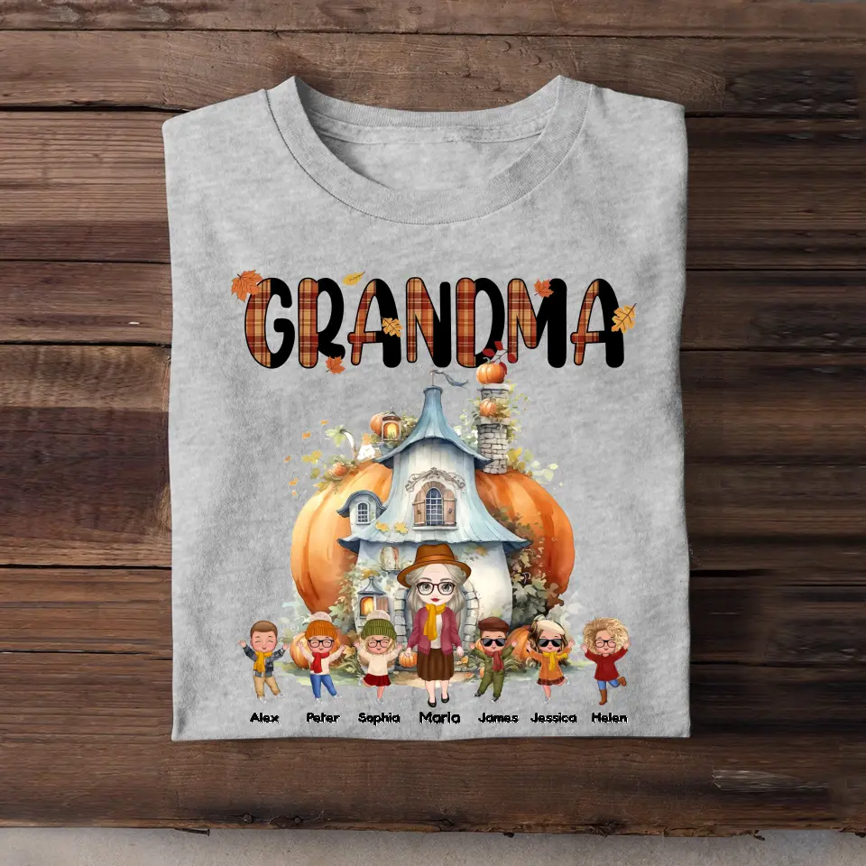 Personalized Fall Season Pumpkin House Grandma & Kid Names T-shirt Printed MTHPN1207