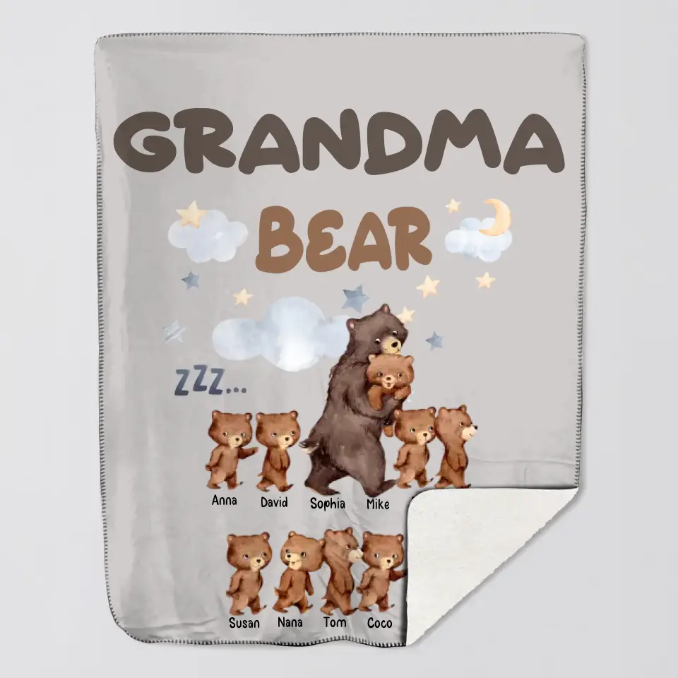 Personalized Grandma Bear with Kid Names Quilt Blanket Printed HTHHN1007