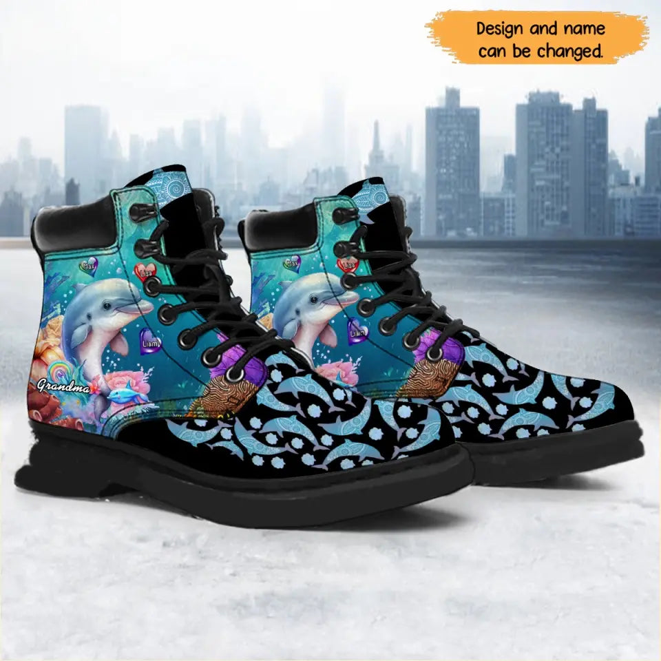 Personalized Dolphin Grandma Hearts with Kid Name Ocean Vibe Leather Boots Printed MTHN202381